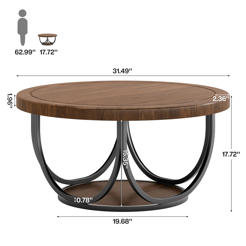 Tribesigns Round Coffee Table with 2 Tiers, 80 cm Wooden Circle Accent Cocktail Table with Storage Shelf and Metal Frame