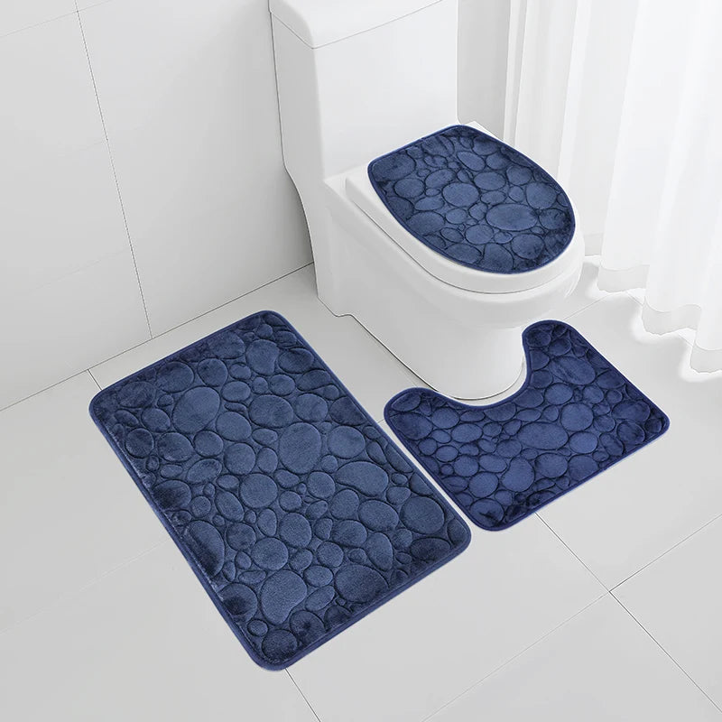 Juego de tres piezas: 1 juego de alfombras de baño sencillas, absorbentes de agua y antideslizantes con estampado de piedra, de color liso, cómodas y suaves.