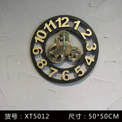 Reloj de pared vintage con engranajes, estilo industrial, de madera y metal, decoración rústica americana para bares o cafeterías.