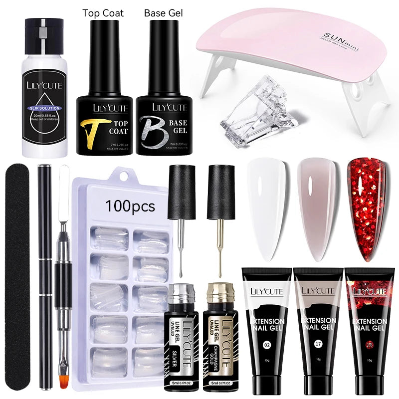 Kit de gel para extensión de uñas LILYCUTE de 15 ml, gel UV, acrílico, blanco, transparente, rosa, esmalte de uñas, lámpara LED, set de manicura para decoración de uñas.