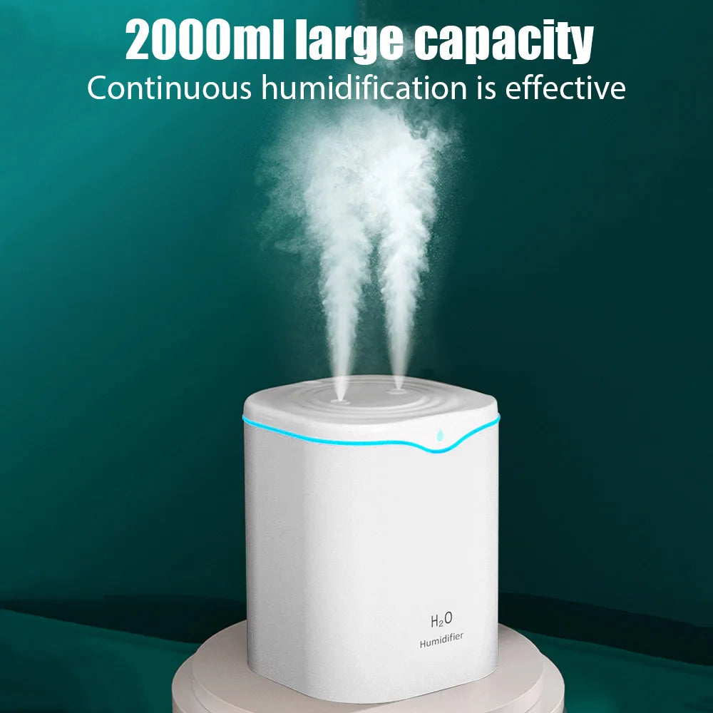 Humidificador de doble pulverización de gran capacidad de 2 litros USB para el hogar, la oficina y el escritorio, difusor de aroma, purificador de niebla, aceite esencial, humidificador de aire