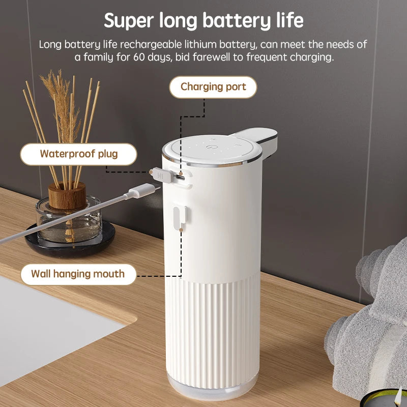 Dispensador automático de jabón HQ, accesorios de baño, dispensador automático de jabón líquido de 360 ml, tipo C, color blanco, 4 niveles de jabón en espuma.