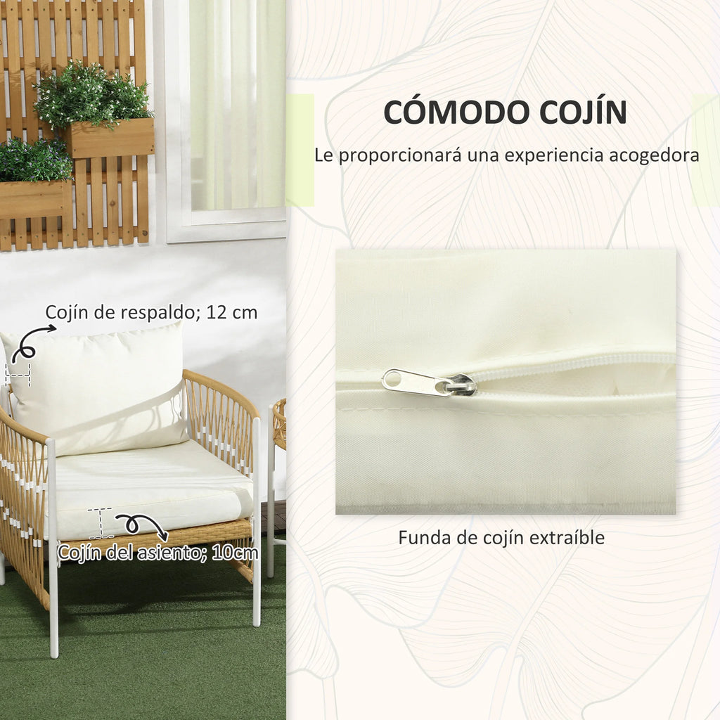 Conjunto de jardín de exterior Outsunny de ratán con 1 mesa y 2 sillas con cojines color crema.