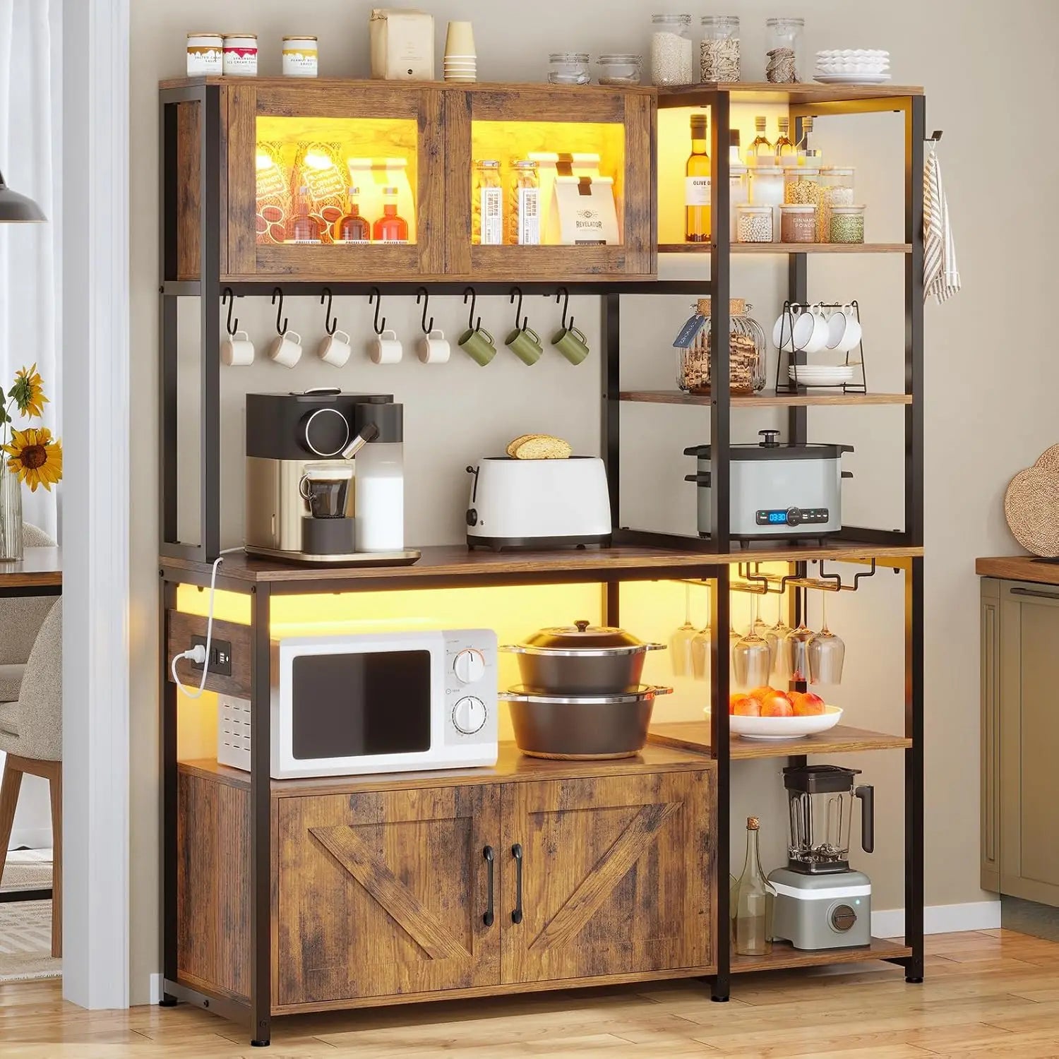 45.3 Inch Farmhouse Bakers Rack, Coffee Bar Cabinet with Power Outlet, LED Light & Microwave Storage