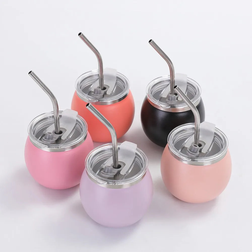 Mate argentino de doble pared de 148 ml (5 oz) de acero inoxidable con aislamiento térmico, pajita y tapa. Ideal para exteriores.