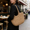 Bolso de hombro de playa de lujo con diseño hueco, bolso de paja de marca de alta calidad para mujer, cesta de viaje tejida de rafia de verano.