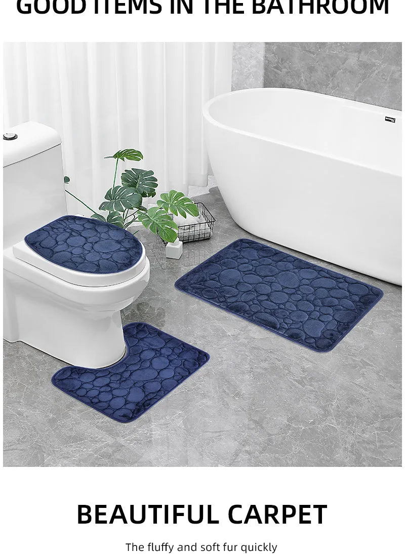 Juego de tres piezas: 1 juego de alfombras de baño sencillas, absorbentes de agua y antideslizantes con estampado de piedra, de color liso, cómodas y suaves.