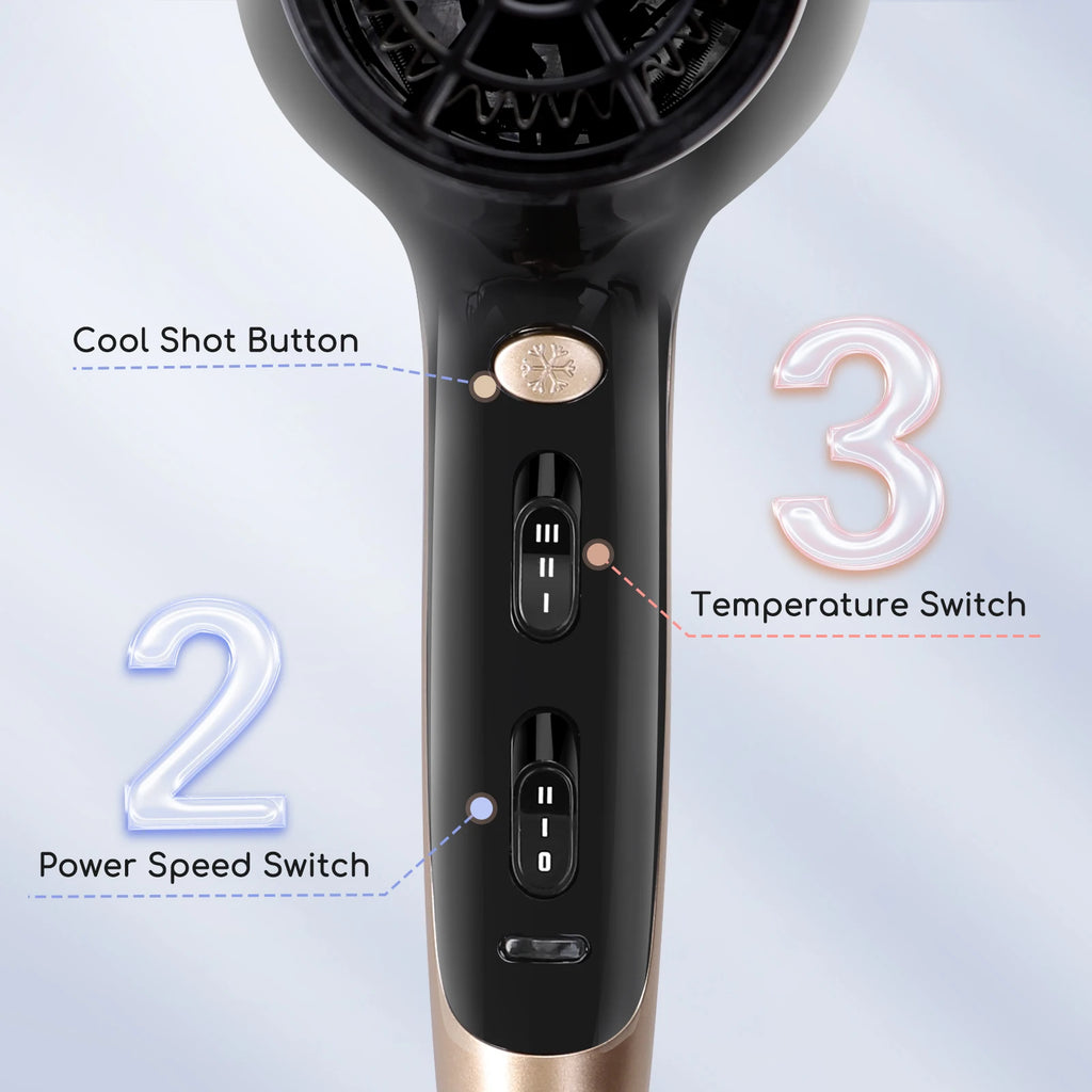 Secador de pelo profesional, iones negativos, 2 velocidades, 3 niveles de temperatura + aire frío, difusor y concentrador, 2400 W.