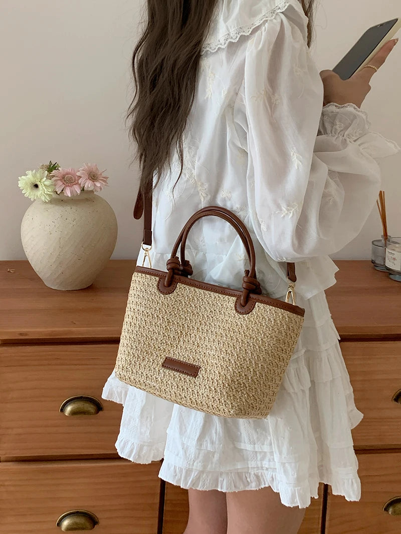 Bolso de hombro de paja para mujer, ideal para vacaciones de verano, con diseño retro. Bolsos cruzados portátiles para mujer, estilo cesta tejida.