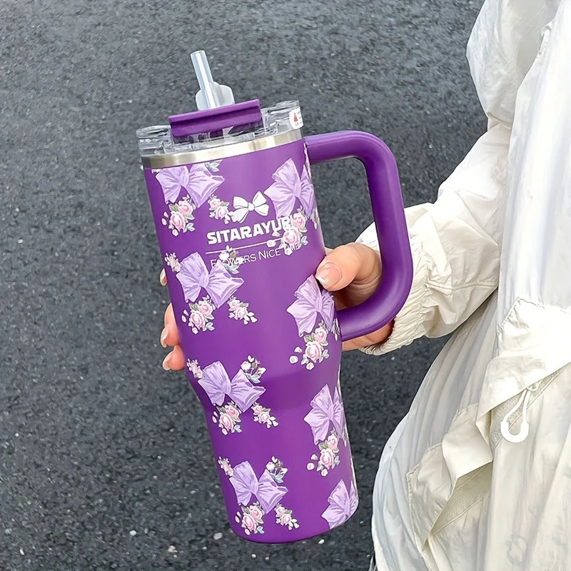 Vaso térmico de acero inoxidable con aislamiento al vacío de 900 ml con estampado floral y pajita, ideal para mantener las bebidas frías. Regalo de cumpleaños para mujeres.
