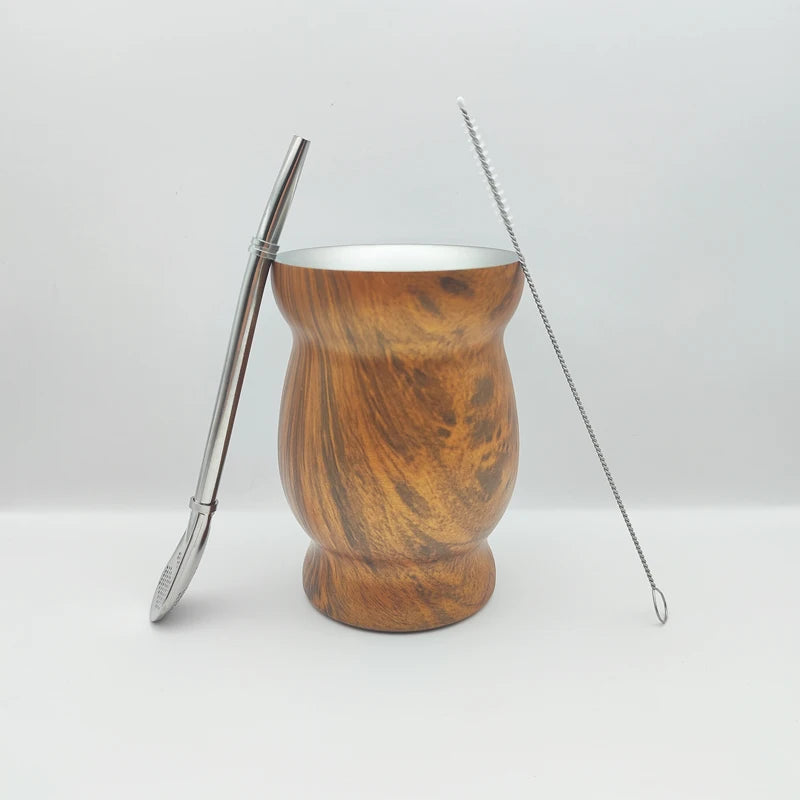 Mate de acero inoxidable de doble pared de 230 ml (8 oz) para yerba mate, incluye una bombilla (pajita) y un cepillo de limpieza.