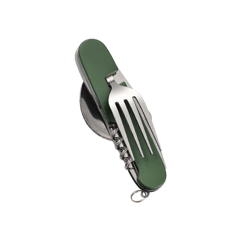 Juego de cucharas soperas 4 en 1: cuchara plegable, cuchillo, tenedor, abridor de botellas, acero inoxidable, kit de bolsillo plegable, vajilla para exteriores.