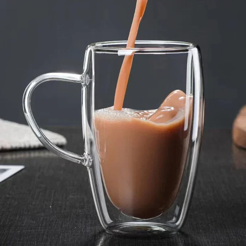 Taza de vidrio de borosilicato de doble pared transparente resistente al calor con asa, ideal para café, leche, zumo o agua. Regalo perfecto para amantes del café.
