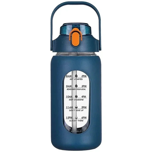 Botellas de agua de vidrio de 1000 ml con pajita, botella de vidrio con funda de silicona y marcador de tiempo, para gimnasio, camping, hogar y oficina.