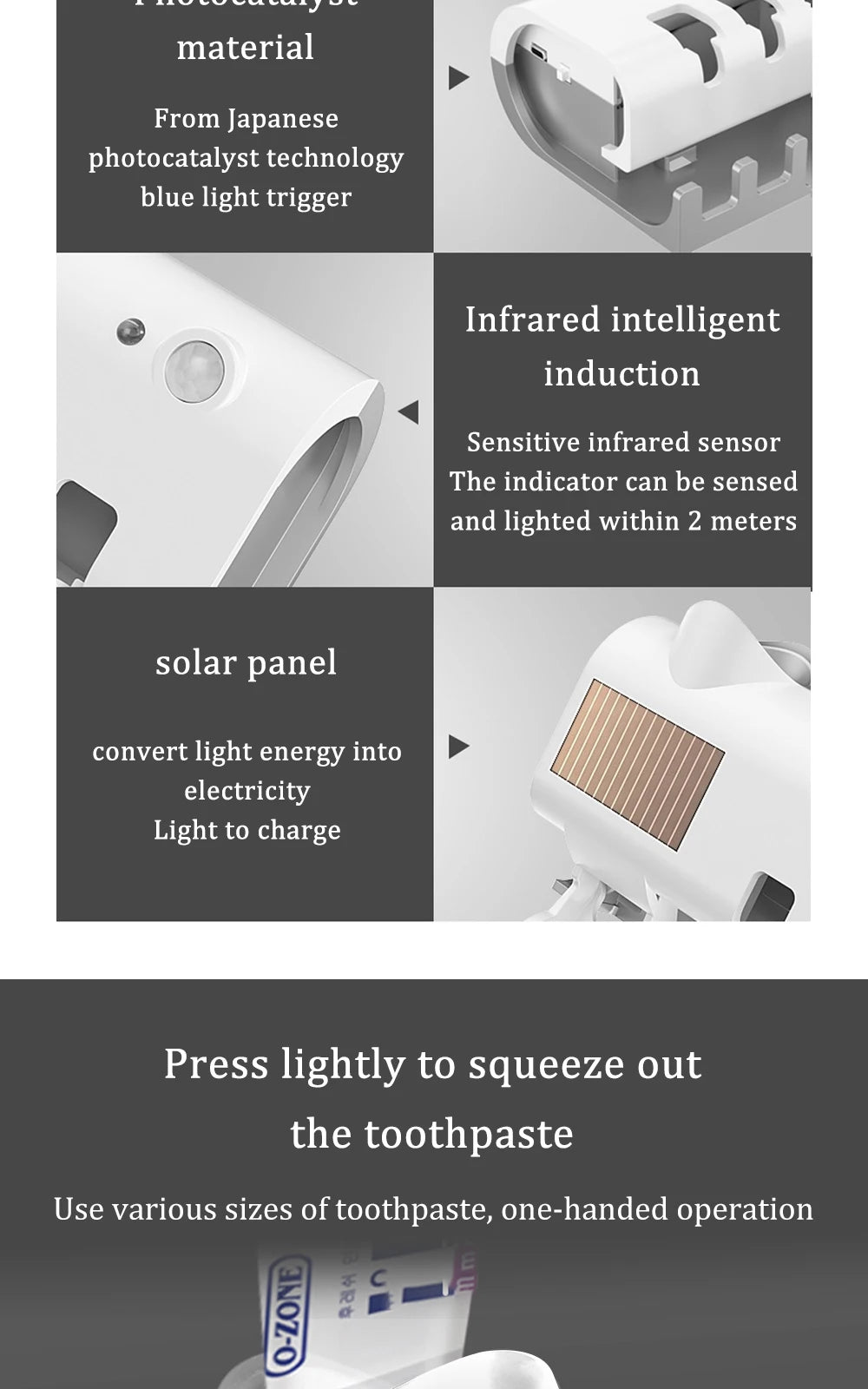 Soporte para cepillos de dientes, dispensador de pasta de dientes, energía solar, caja de almacenamiento para cepillos de dientes de baño, soporte de almacenamiento multifunción, carga USB.
