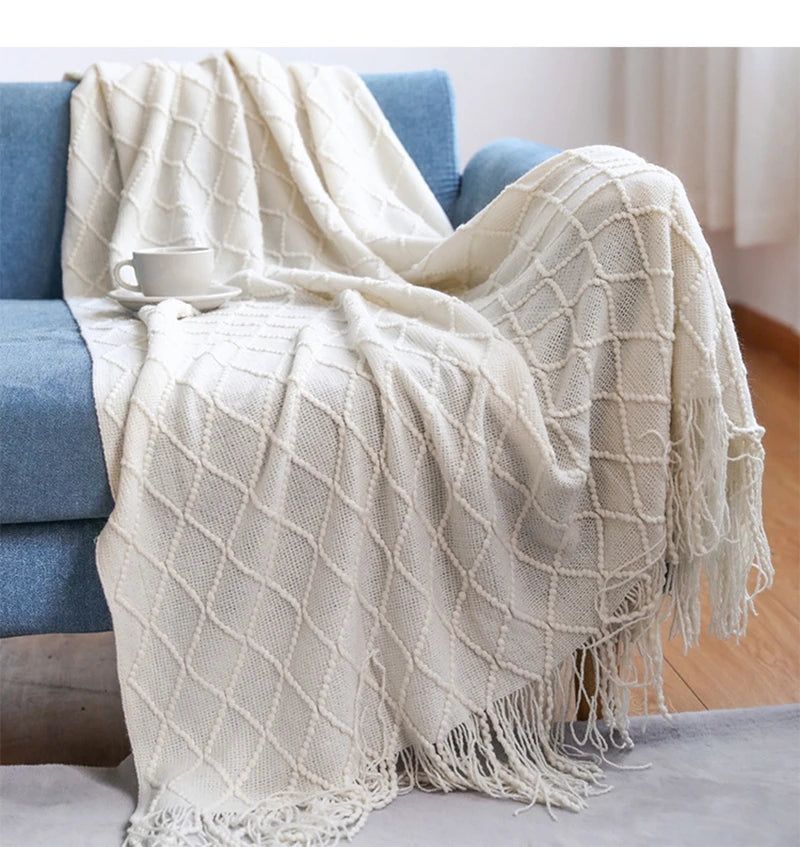 Mantas nórdicas de punto con borlas, color caqui, crema y gris, estilo vintage, ideales para cama, sofá o sillón. Funda de cama extragrande.