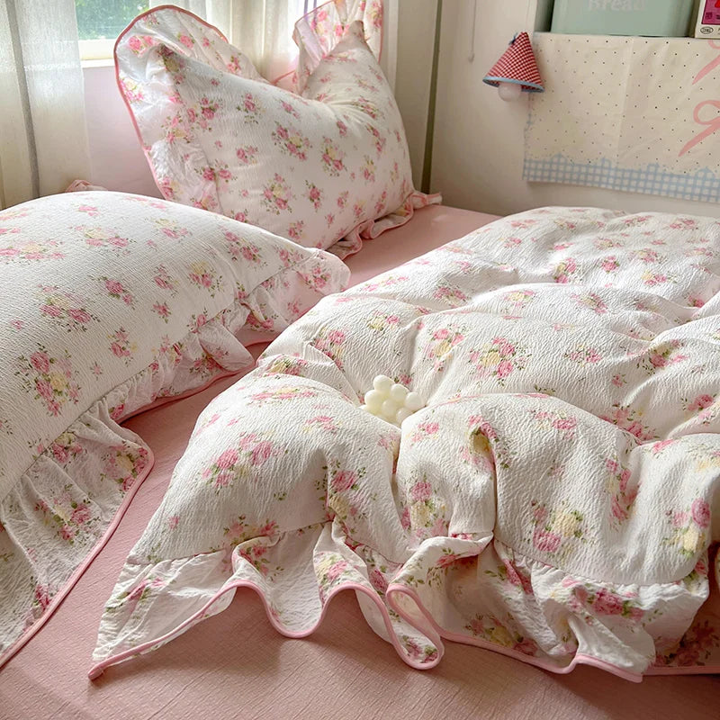 Juego de Ropa de Cama Ruffles Estilo Floral Funda de Edredón Funda de Almohada con Sábana Juego de Ropa de Cama Amigable con la Piel Ropa de Cama para Habitación de Niñas