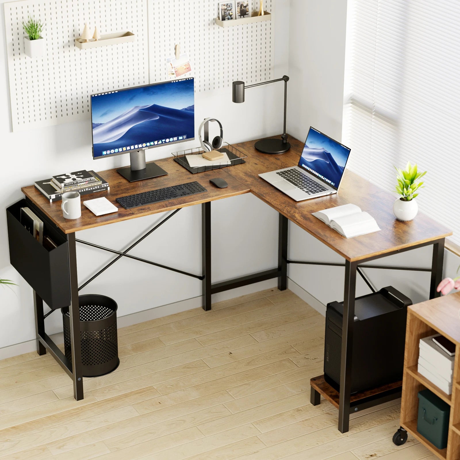 JHK Gaming Corner 50 Inch Office Writing PC Wooden Table with CPU Storage Shelf & Side Bag for Home Office Bedroom Small Space