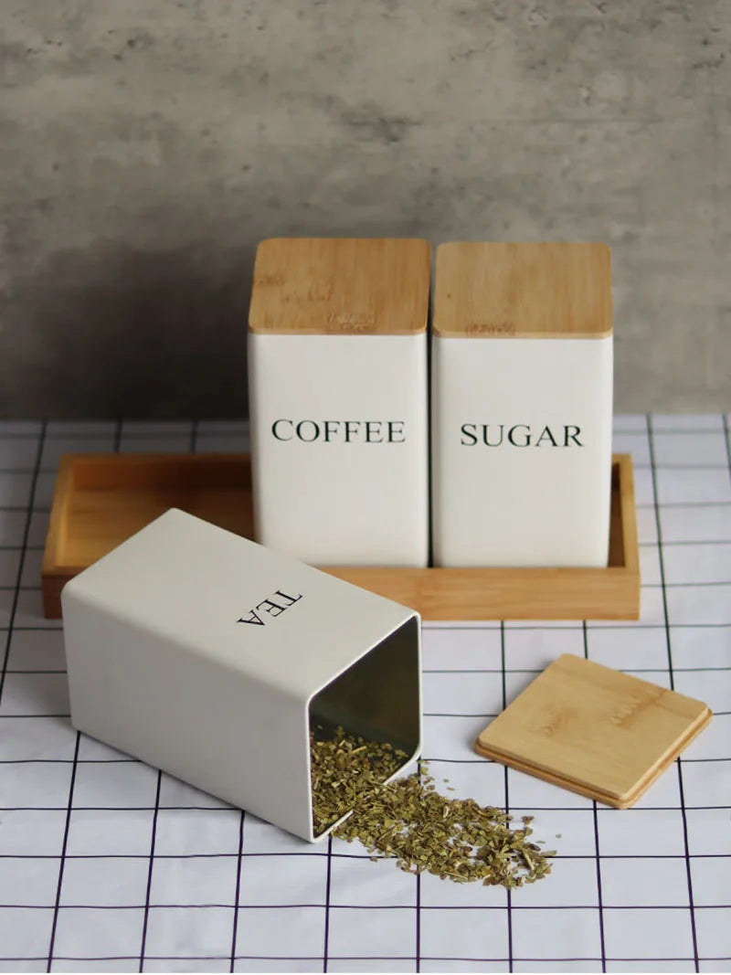 Recipiente para granos de café con tapa de bambú, estilo sencillo, tarros de metal para té, café y azúcar, lata de té, utensilios de cocina.