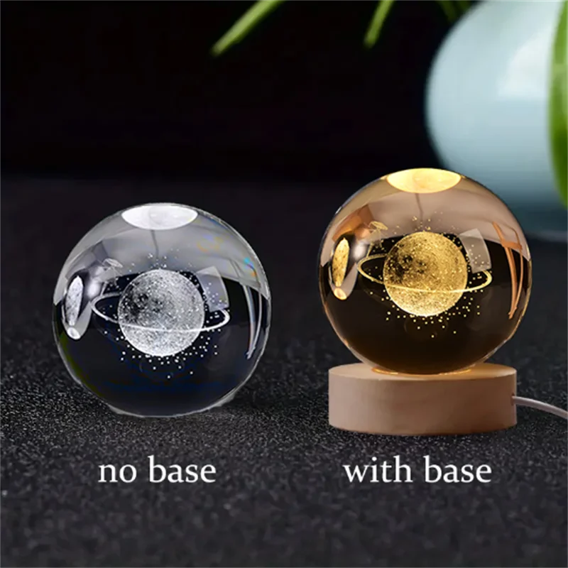1 Pc Bola de Cristal de 6 cm Lámpara Nocturna Planeta Grabado con Láser Regalo de Cumpleaños Esfera de Vidrio Decoración de Escritorio para el Hogar con Base de Madera y USB