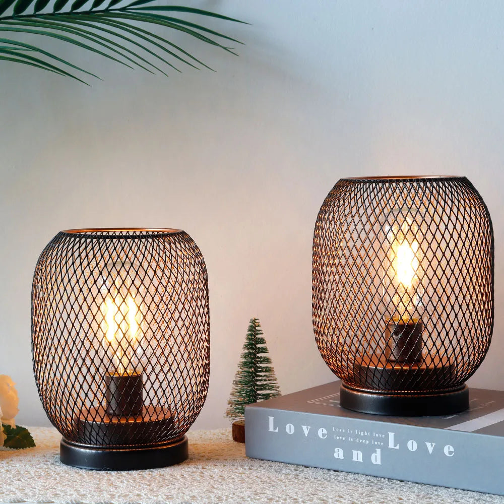 2 lámparas de mesa redondas de metal con forma de jaula, LED, a pilas, inalámbricas, para bodas, fiestas y decoración del hogar. Portavelas.