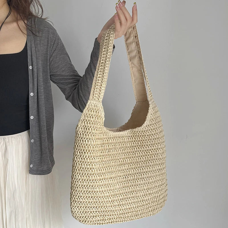 Bolsos de hombro de ratán para mujer, bolsos de mano tejidos para mujer, bolsos de paja de gran capacidad para la playa de verano, bolsos de mano informales.