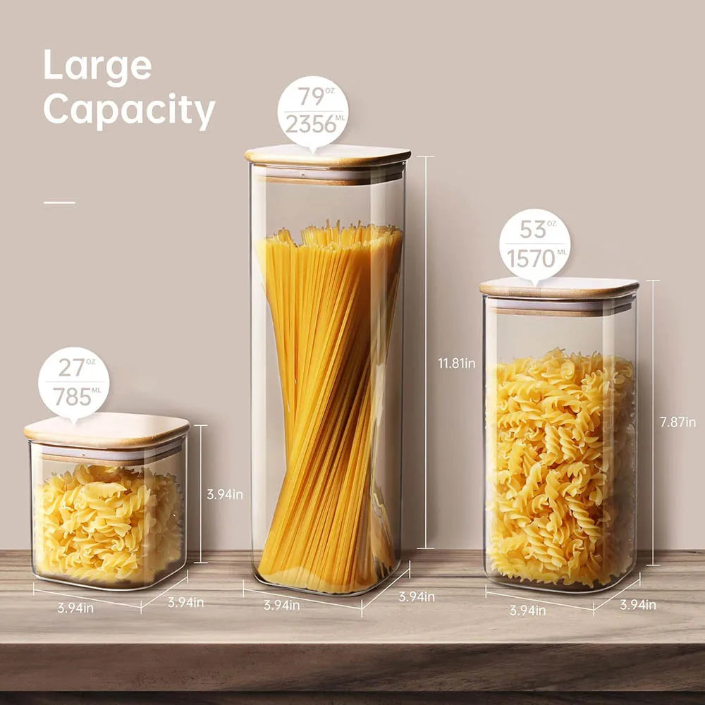 Tarros de vidrio cuadrados con tapa de bambú para almacenar granos de café, cereales, fideos y otros alimentos. Organizadores de cocina.