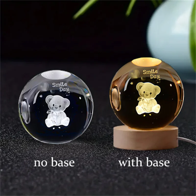 1 Pc Bola de Cristal de 6 cm Lámpara Nocturna Planeta Grabado con Láser Regalo de Cumpleaños Esfera de Vidrio Decoración de Escritorio para el Hogar con Base de Madera y USB