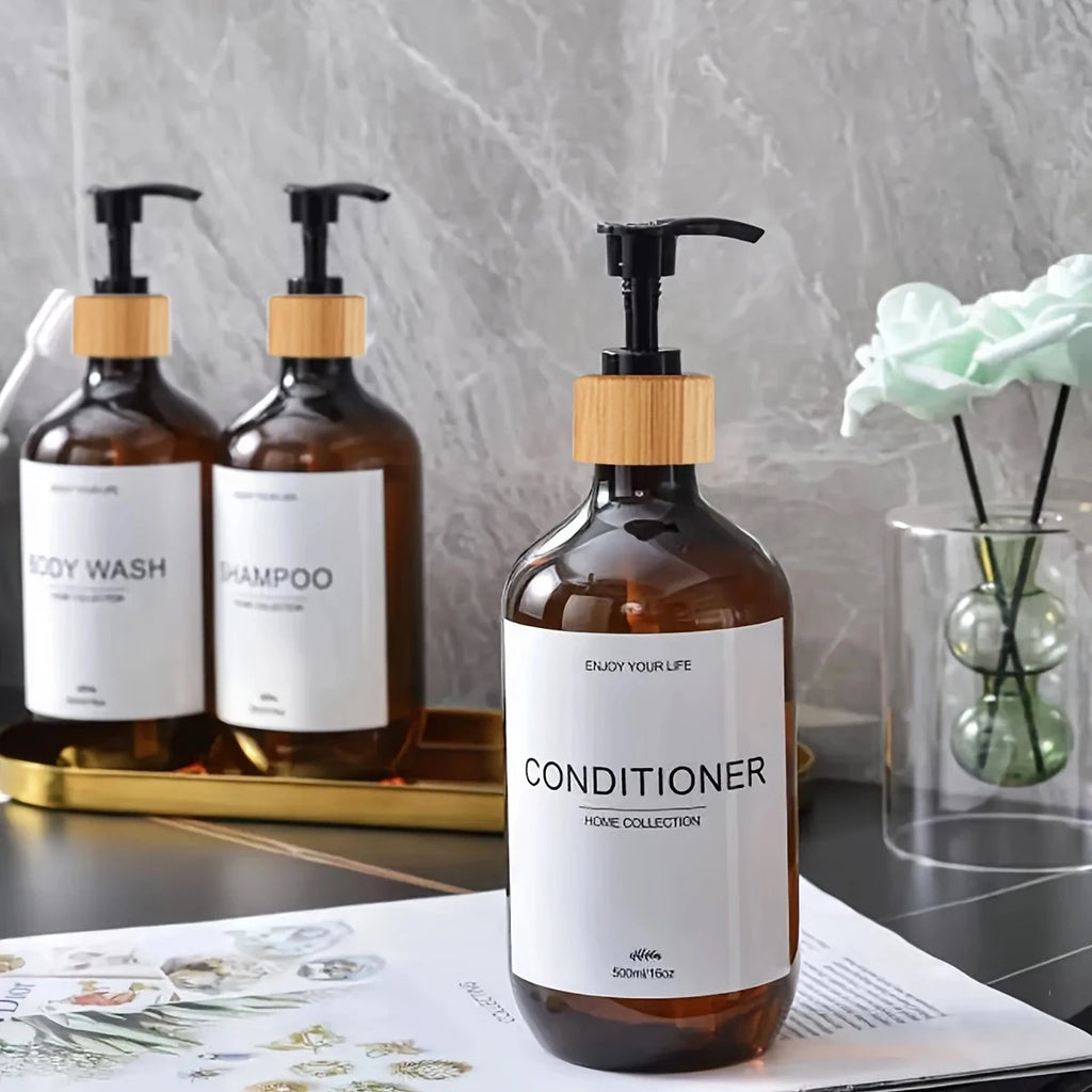 Juego de dispensadores de champú para baño de 500 ml, botellas de acondicionador y gel de ducha recargables, dispensador con decoración rústica, botellas de almacenamiento.