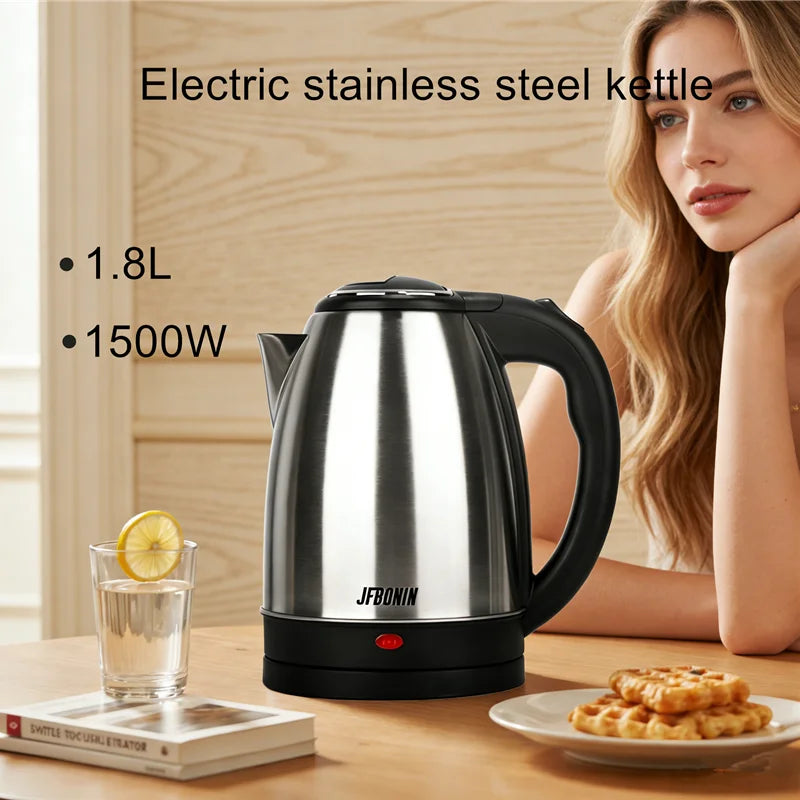 Hervidor eléctrico de acero inoxidable JFBONIN de 1,8 L, 220 V, diseño con base desmontable, resistente a la corrosión, duradero, ideal para el hogar y los viajes.