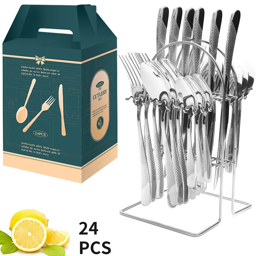 Juego de cubiertos de acero inoxidable de 24 piezas con mango de cerámica y diseño de martillo (cuchillo, tenedor y cuchara). Juego de cubiertos de viaje.