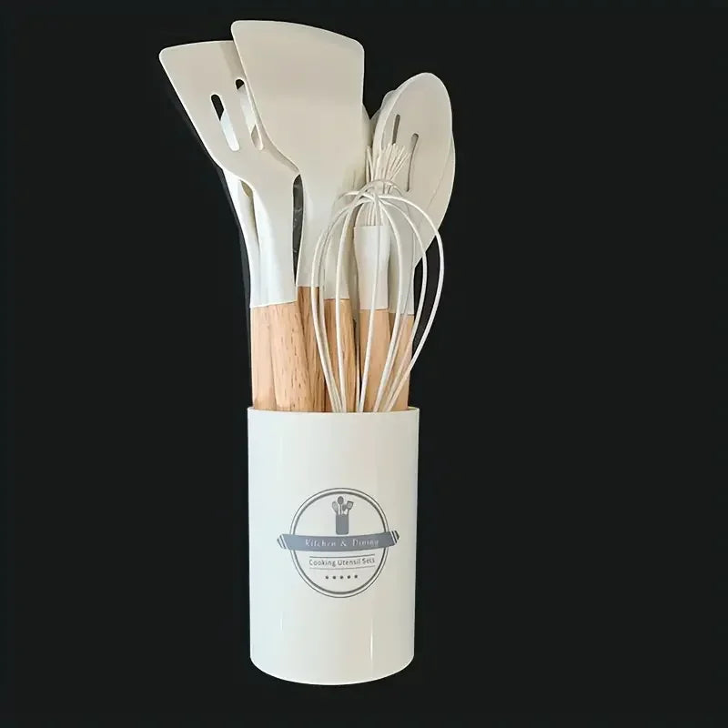 Juego de 12 piezas de utensilios de cocina de silicona multicolor con mango de madera, antiadherentes, espátula y cuchara, resistentes al calor.