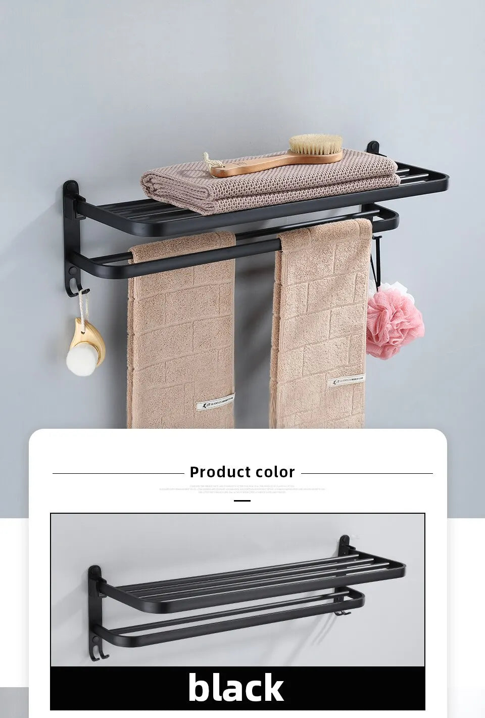 Toallero plegable de aluminio de 50 cm en negro mate con gancho para montaje en pared.