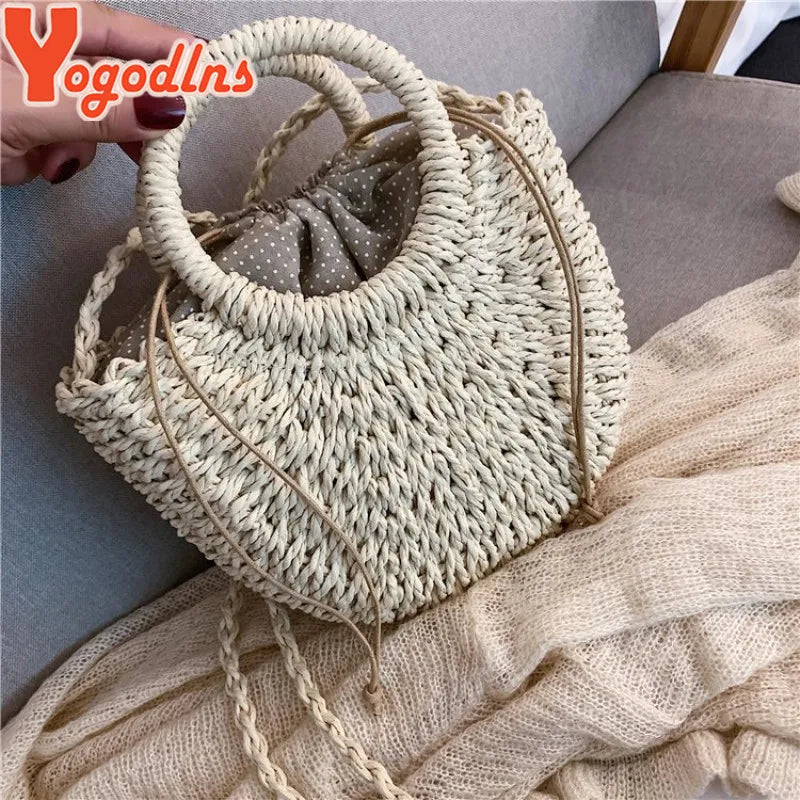 Bolso de paja tejido de ratán semicircular hecho a mano Yogodlns, bolso bandolera de verano para mujer, bolso pequeño de playa para niñas, nuevo.