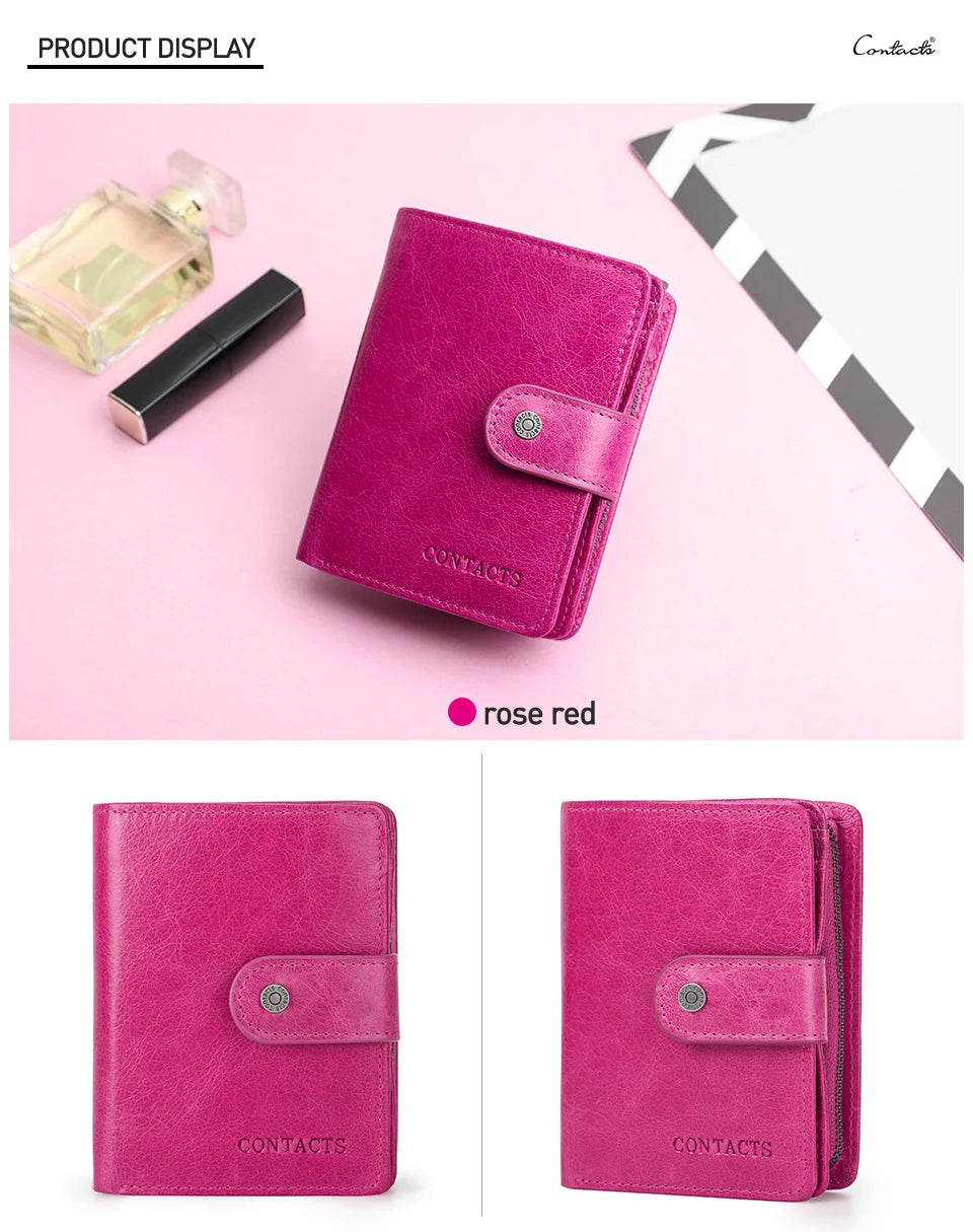 Carteras de cuero genuino Contact'S para mujer y hombre, cartera corta pequeña con bloqueo RFID, tarjetero, monedero rojo para mujer