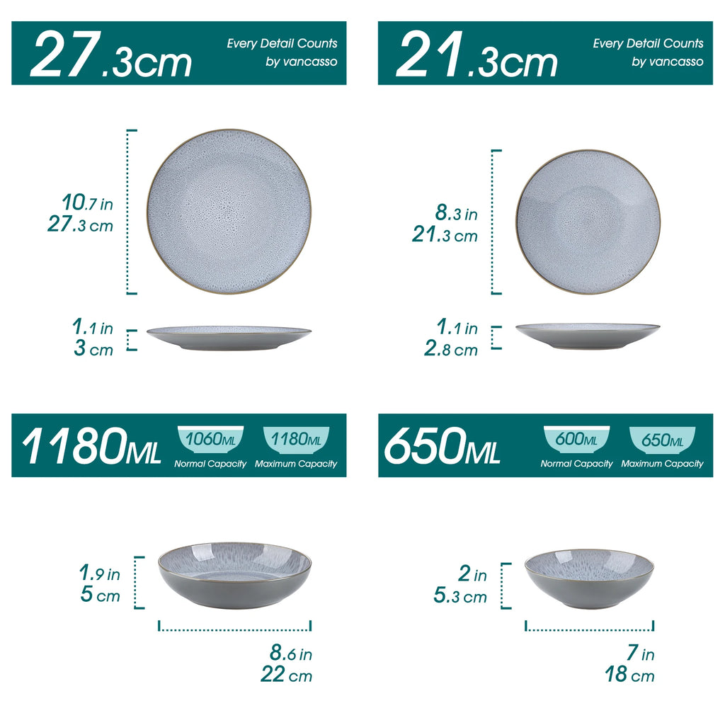 Juego de vajilla de gres repujado Vancasso de 16/32 piezas con 4 platos llanos/de postre/tazas/cuencos para sopa/tazas para 4/8/12 personas.