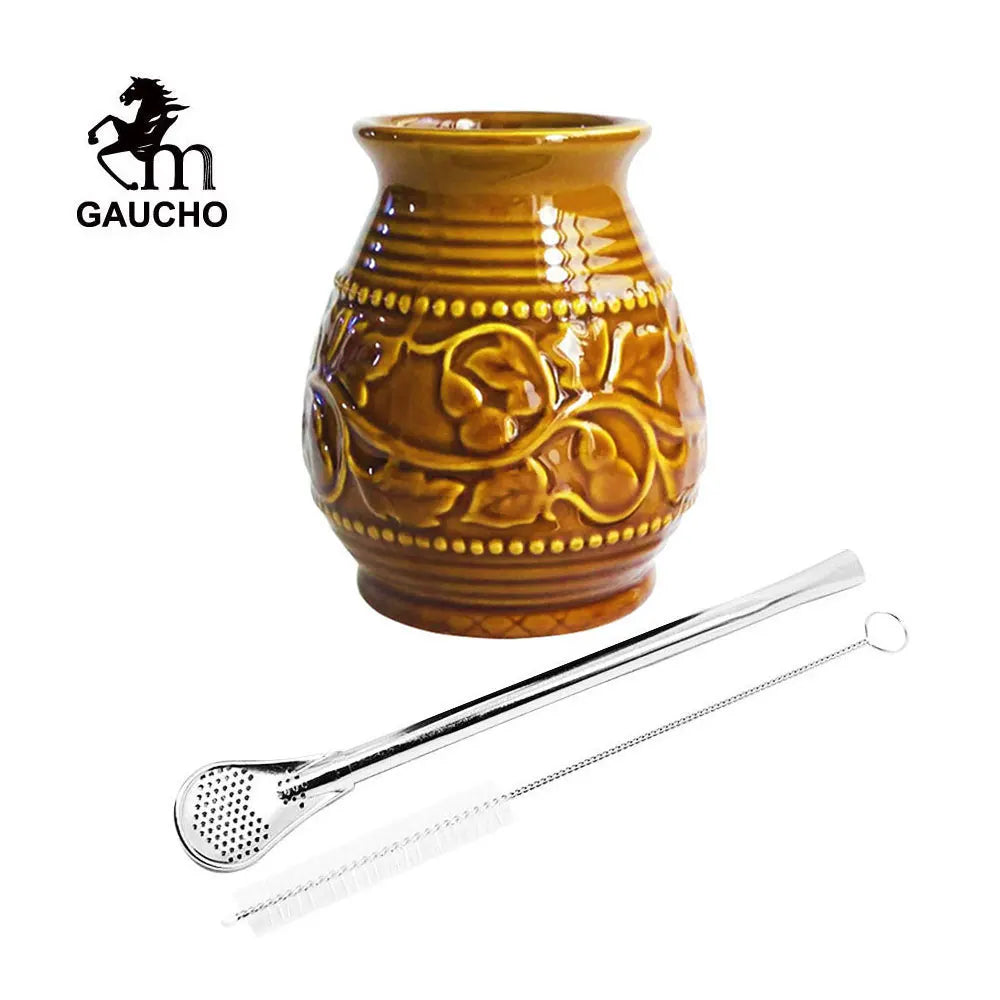 1 juego/lote de tazas de cerámica para yerba mate de 250 ml con relieve de calabaza. Incluye bombilla, filtro, pajita y cepillo de limpieza. ¡Gran oferta!
