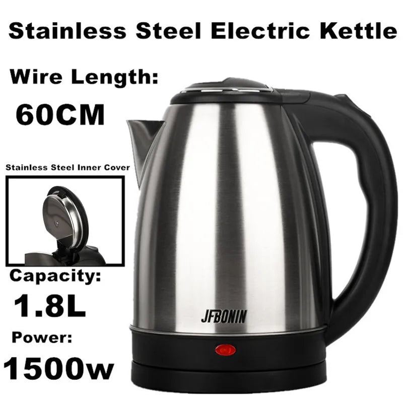 Hervidor eléctrico de acero inoxidable JFBONIN de 1,8 L, 220 V, color plata y negro, con base separable, resistente a la corrosión y duradero para el hogar y los viajes.