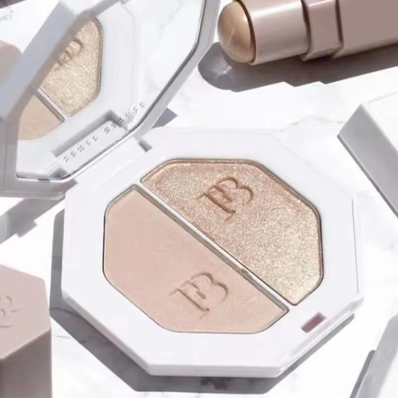 Maquillaje con barra de contorno multicolor de Fenty Beauty, corrector facial mate 3D Diamond Highlight, brillo labial a base de agua que no se desvanece.