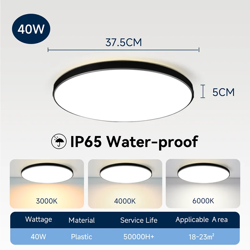 Lámpara de techo LED impermeable para baño, luces de techo redondas de 18W, 30W y 40W para cocina, sala de estar y baño, 220V