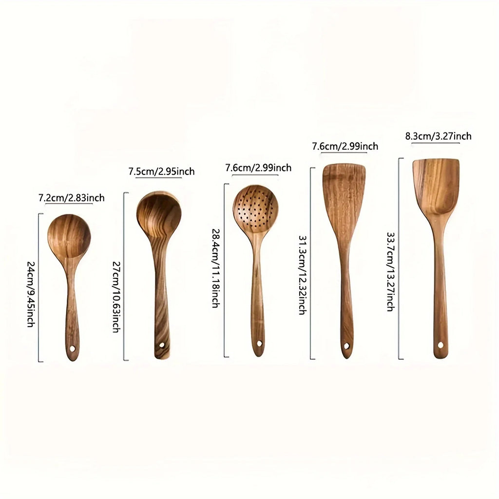 Juego de 5 utensilios de cocina de madera, cucharas de madera natural, espátula para sartén antiadherente, cucharón de cocina y espátulas para wok.