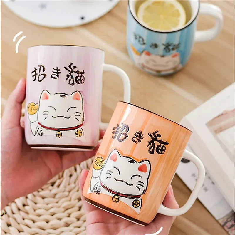 Taza de cerámica con diseño de gato de la suerte japonés, vaso de agua de alta capacidad para el hogar, la cocina y la oficina, ideal para café o té (400 ml).