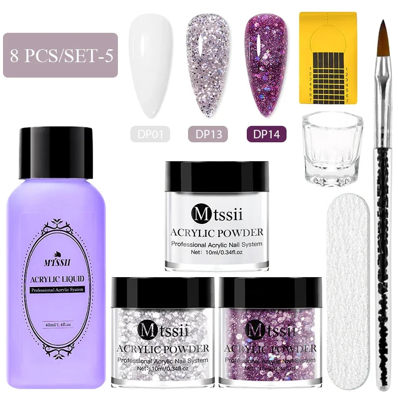 Juego de 8 piezas de sistema de uñas acrílicas en polvo MTSSII, color rosa nude transparente, monómero líquido con pincel para extensiones de uñas y tallado de flores.