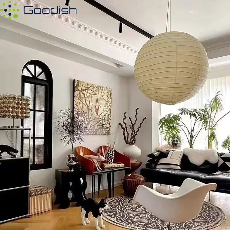 Lámparas colgantes LED de estilo Wabi Sabi japonés con forma de bolas redondas de papel de arroz, ideales para la decoración del hogar y la cocina.