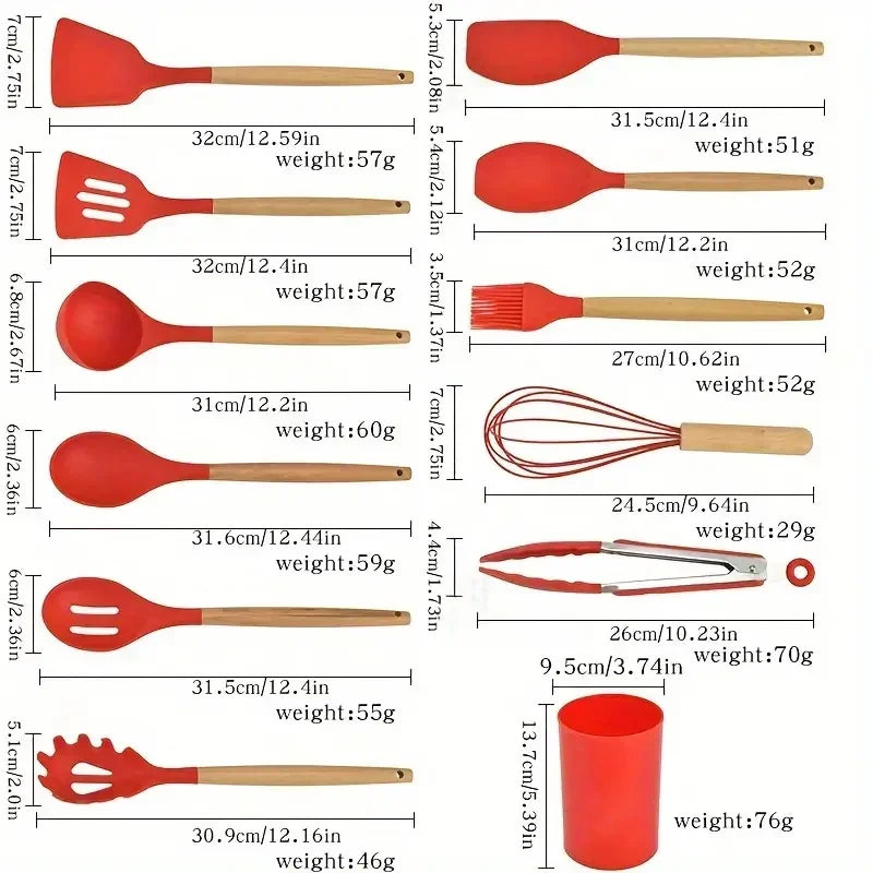 Juego de 12 piezas de utensilios de cocina de silicona multicolor con mango de madera, antiadherentes, espátula y cuchara, resistentes al calor.