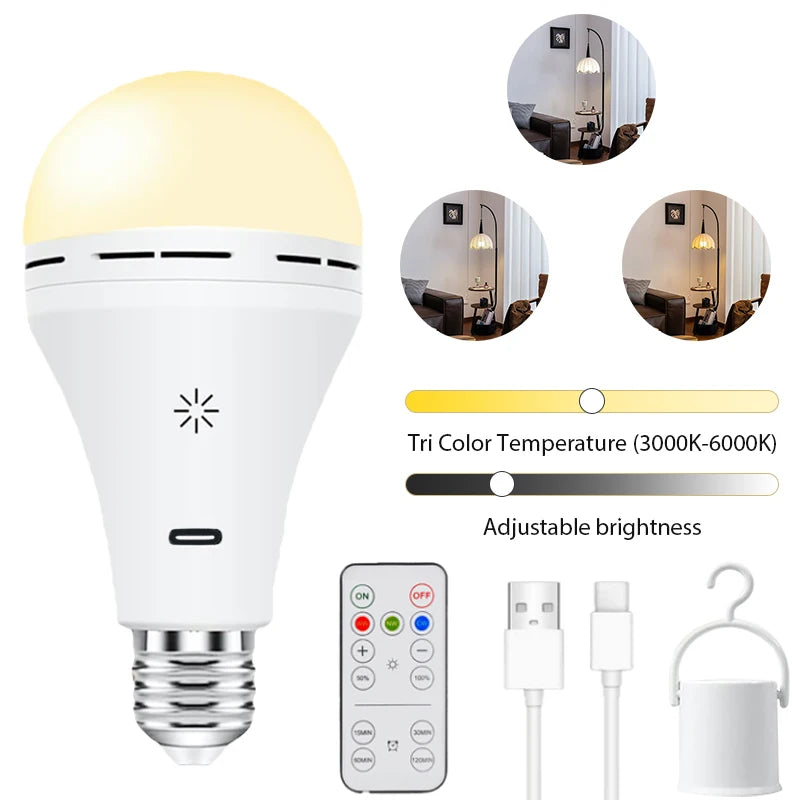 Bombilla recargable USB-C - 3 colores, control remoto/regulable/temporizador, 1800 mAh para sala de estar, dormitorio