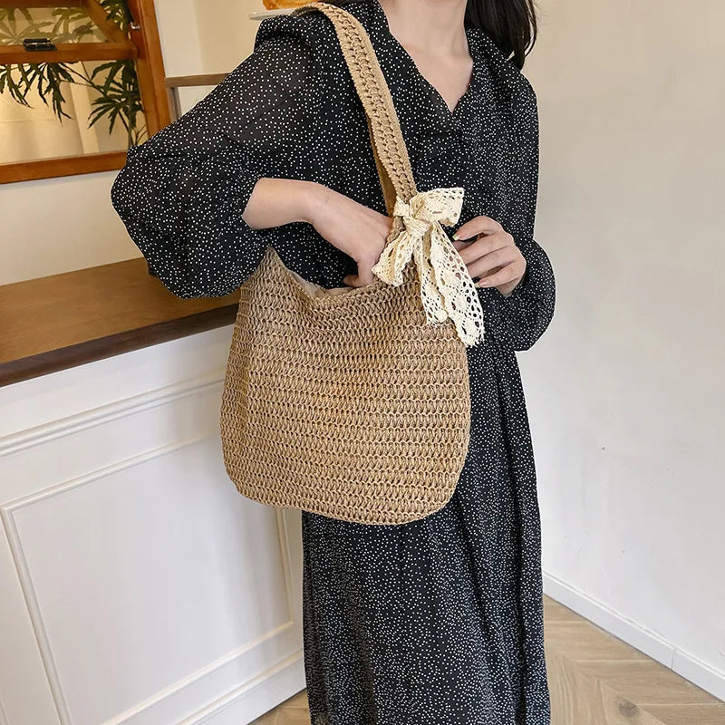 Bolsos de hombro de ratán para mujer, bolsos de mano tejidos para mujer, bolsos de paja de gran capacidad para la playa de verano, bolsos de mano informales.