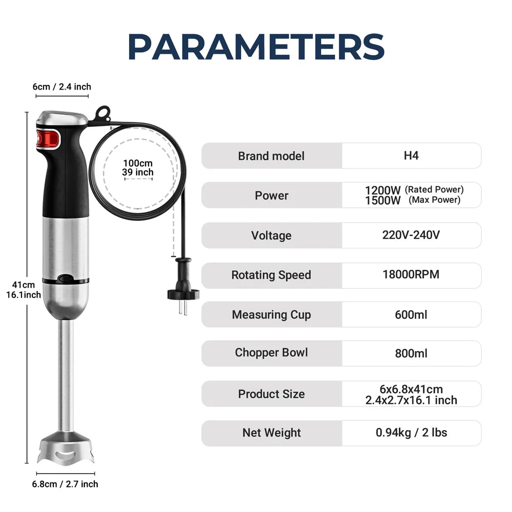 Batidora de mano eléctrica 6 en 1, batidora de inmersión multiusos, cuchillas de acero inoxidable, para el hogar y la cocina, potencia máxima de 1500 W.