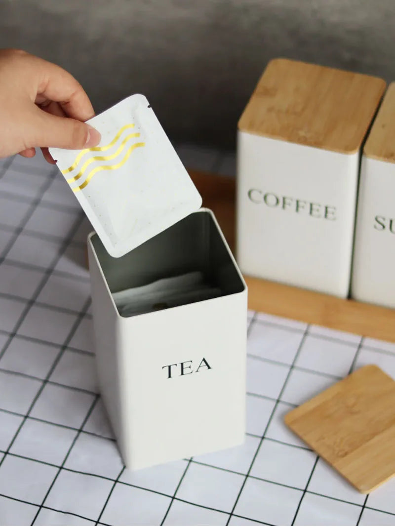 Recipiente para granos de café con tapa de bambú, estilo sencillo, tarros de metal para té, café y azúcar, lata de té, utensilios de cocina.
