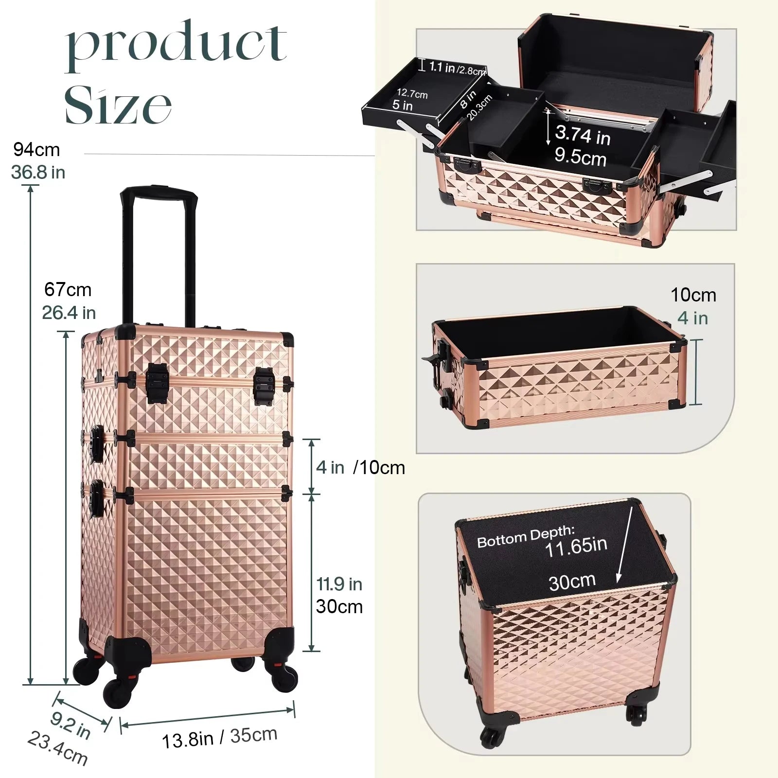 Maletín de maquillaje rodante 3 en 1, maletín de maquillaje desmontable, maletín de cosmetología con ruedas, carrito de maquillaje con cerradura de gran capacidad para salón de belleza.
